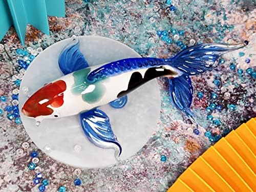 WitneStore - 4½Дълги Сини Перки - Бяла Риба Koi с Разноцветни Ивици, Фигурка от Бластване Стъкло, Миниатюрна